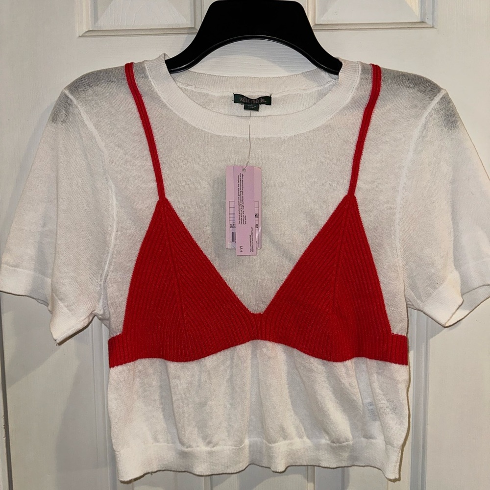 Faux Bikini Sheer Top - Red & White Short Sleeve - Size Medium NWT
